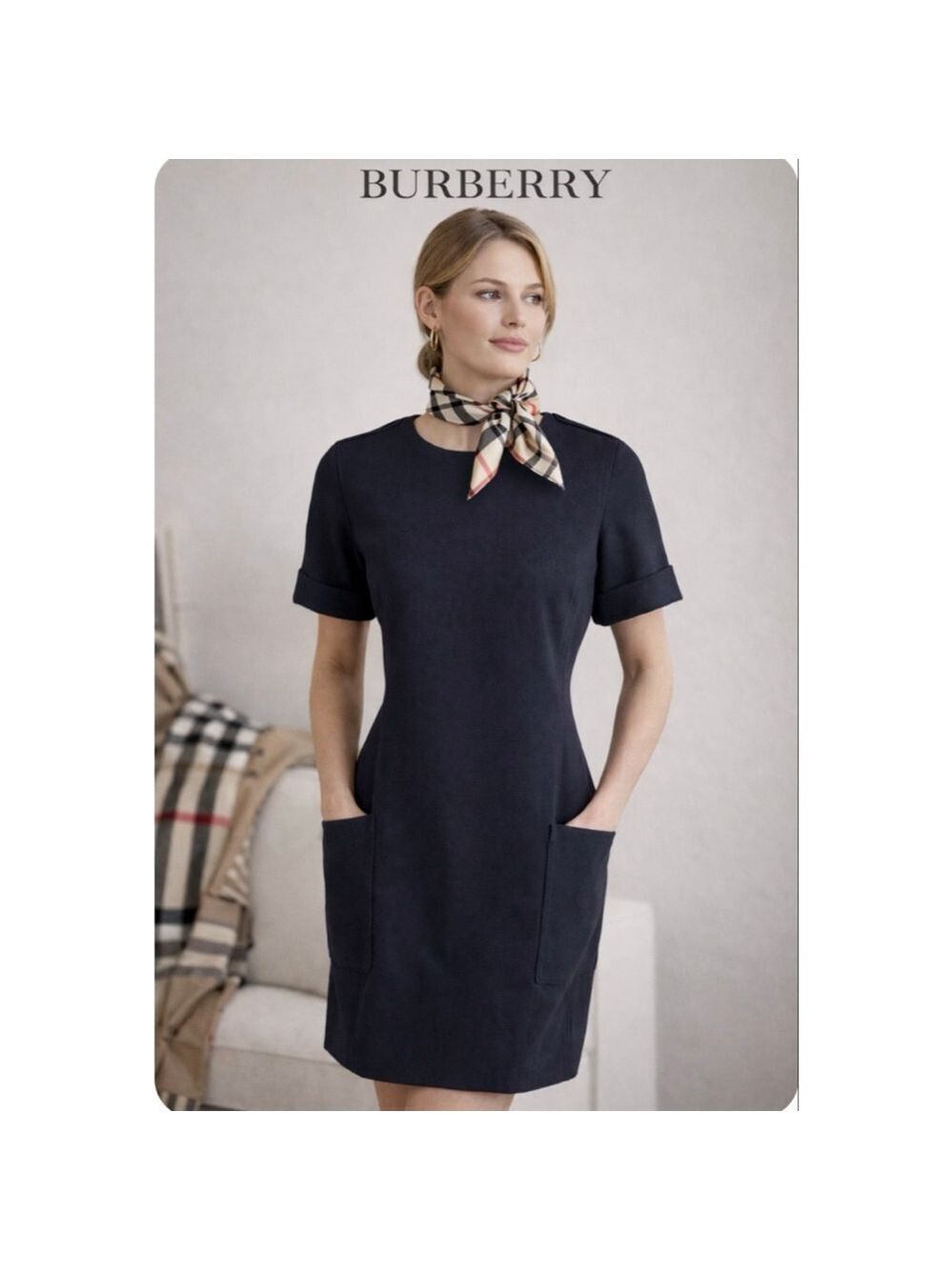 Burberry Navy Wool Blend Shift Dress with Plaid Scarf, Size 12